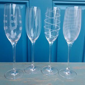 Champagne Glasses Set of 4 Etched Glass Flutes Mikasa Crystal Polka Dots Swirls